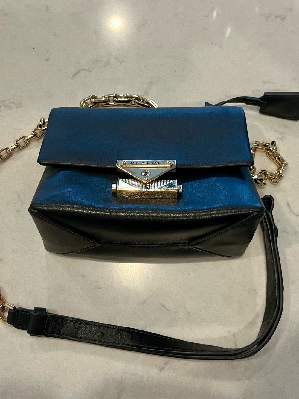 Michael Kors Cece Small Black Leather Crossbody Bag with Gold Chain